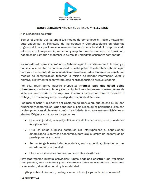 PRONUNCIAMIENTO DE LA FEDERACIÓN NACIONAL DE RADIO Y TELEVISIÓN DIRIGIDO AL ACTUAL...