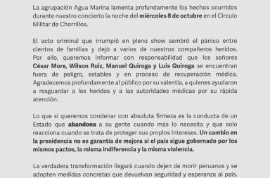 Agua Marina confirma que sus integrantes están fuera de peligro y critica la indiferencia del Estado