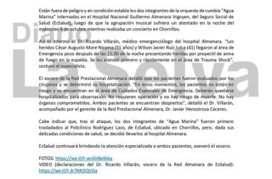 URGENTE| Los tres integrantes heridos de Agua Marina están fuera de peligro. Las balas no tocaron órganos vitales.