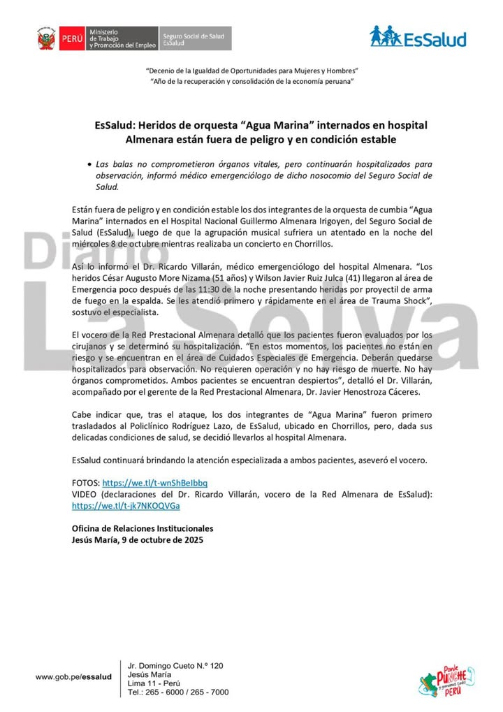 URGENTE| Los tres integrantes heridos de Agua Marina están fuera de peligro. Las balas no tocaron órganos vitales.