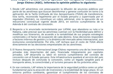 #Comunicado | Lima Airport Partners se pronuncia sobre la Tarifa Unificada de Uso Aeroportuario (TUUA)
