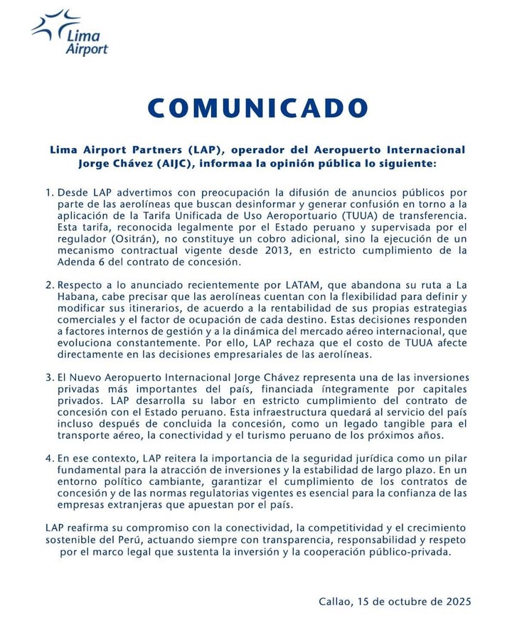 #Comunicado | Lima Airport Partners se pronuncia sobre la Tarifa Unificada de Uso Aeroportuario (TUUA)