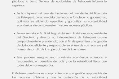 Comunicado de la Junta General de Accionistas de Petroperú.
