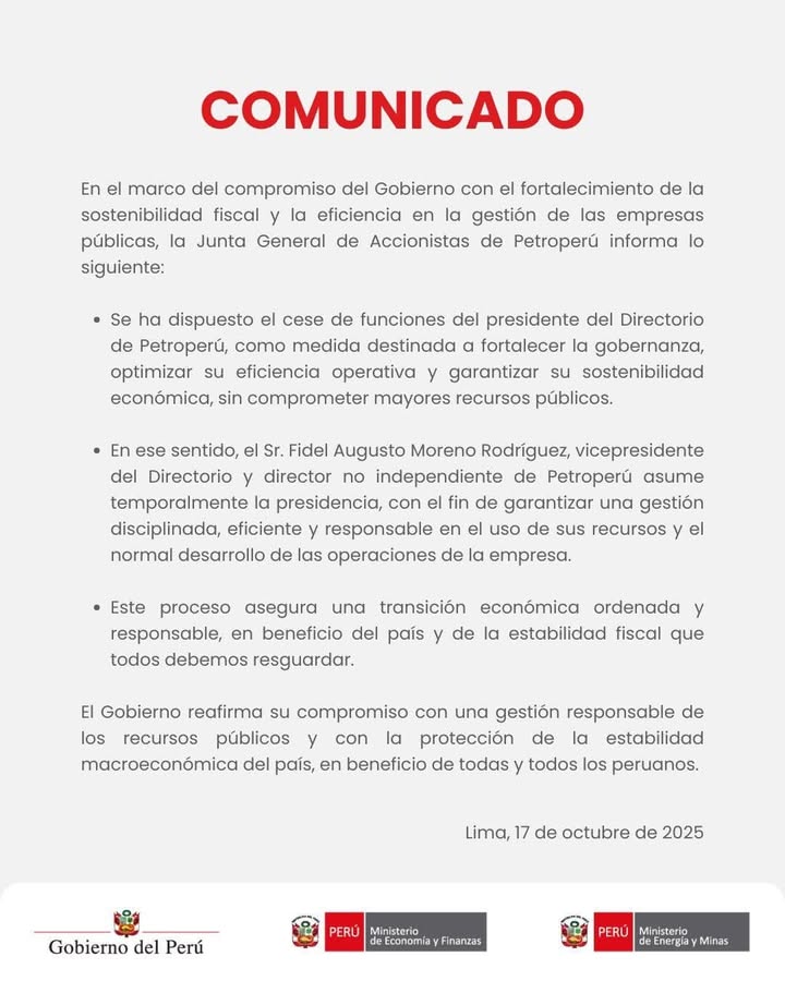 Comunicado de la Junta General de Accionistas de Petroperú.