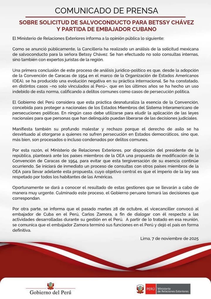 Comunicado del Ministerio de Relaciones Exteriores