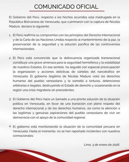 Comunicado oficial del Gobierno del Perú