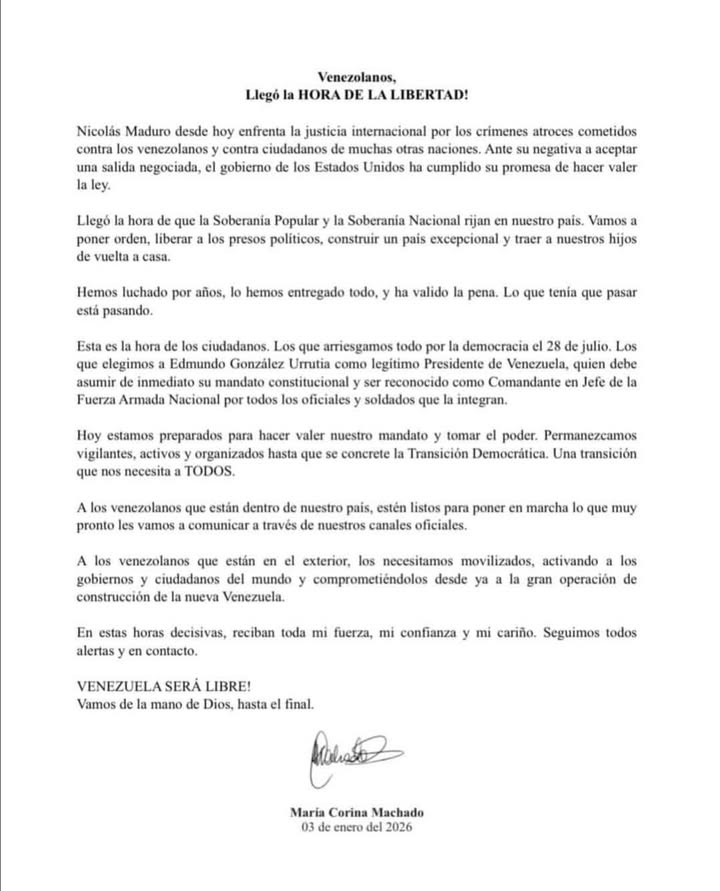 Mensaje de María Machado tras la captura de Nicolás Maduro