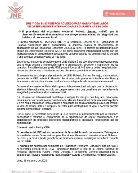 JNE y OEA suscriben acuerdo para garantizar labor de observadores internacionales en las Elecciones Generales 2026