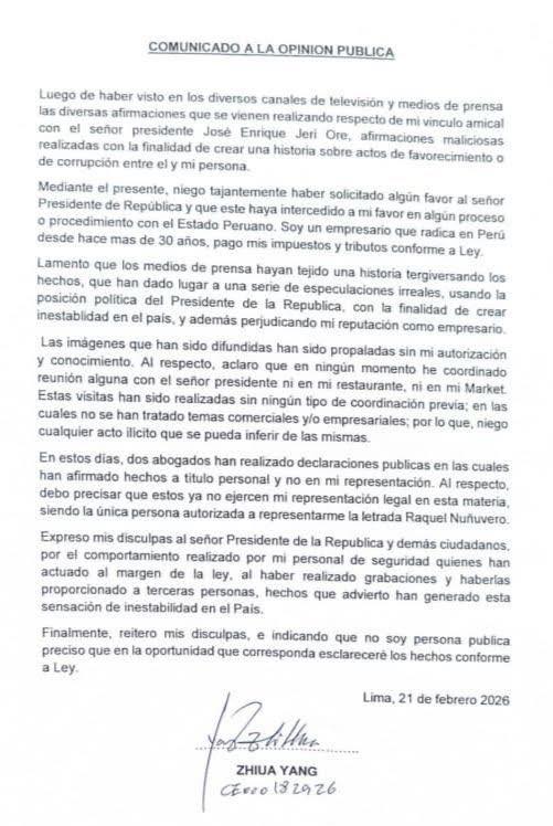 URGENTE Dueño de Chifa, envía carta a medios de comunicación y niega haber pedido favores al presidente Jerí :