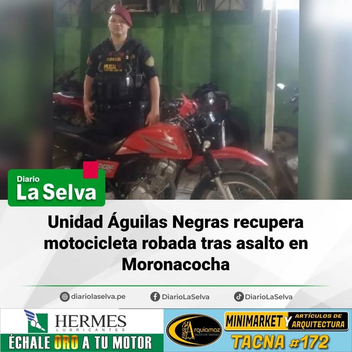 Unidad Águilas Negras recupera motocicleta robada tras asalto en Moronacocha.