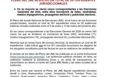Pleno del JNE resolvió 391 expedientes entre enero y marzo de 2026.