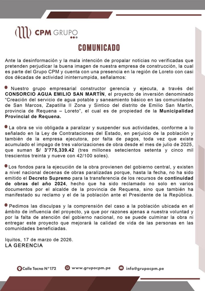 EMPRESA LÍDER EN SECTOR DE LA CONSTRUCCIÓN EMITE COMUNICADO.