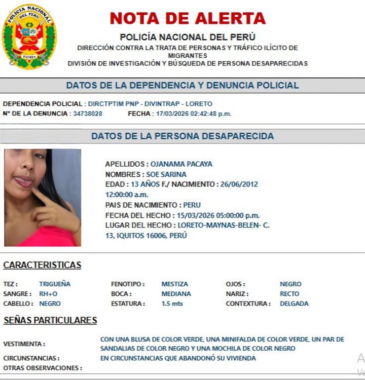 Familia denuncia desaparición de adolescente en Belén.