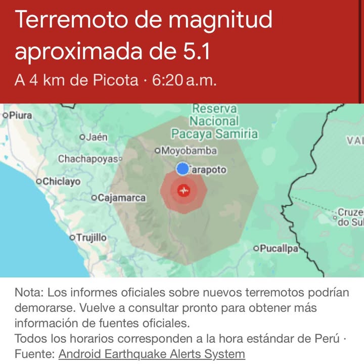 Se reporta fuerte sismo en la región San Martín.