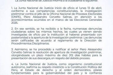 La Junta Nacional de Justicia informa a la opinión pública lo siguiente.