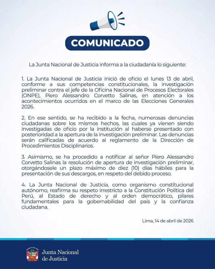 La Junta Nacional de Justicia informa a la opinión pública lo siguiente.