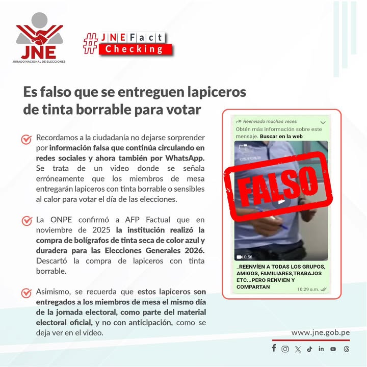 #JNEFactChecking | Es falso que se entreguen lapiceros de tinta borrable o sensibles al calor para votar el día de las elecciones.  No te dejes sorprender por publicaciones malintencionadas que buscan desinformar a la ciudadanía.