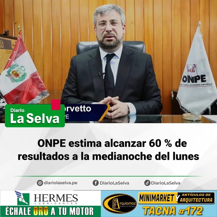 ONPE estima alcanzar 60 % de resultados a la medianoche del lunes