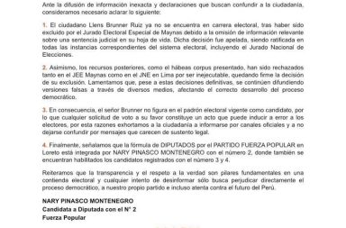 ‼ÚLTIMO MINUTO‼ La candidata por fuerza popular como diputada con el número 2, Nary Pinasco, acaba de lanzar un pronunciamiento respecto a la NO CANDIDATURA DE LLENS BRUNNER.