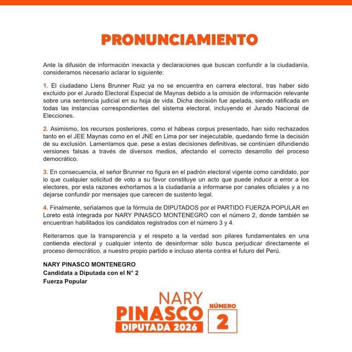 ‼ÚLTIMO MINUTO‼ La candidata por fuerza popular como diputada con el número 2, Nary Pinasco, acaba de lanzar un pronunciamiento respecto a la NO CANDIDATURA DE LLENS BRUNNER.