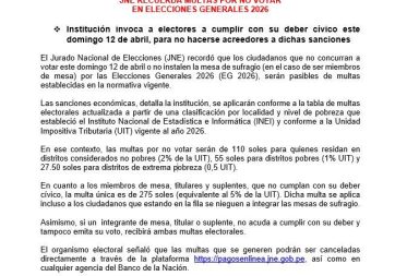 JNE recuerda multas por no votar en Elecciones Generales 2026.