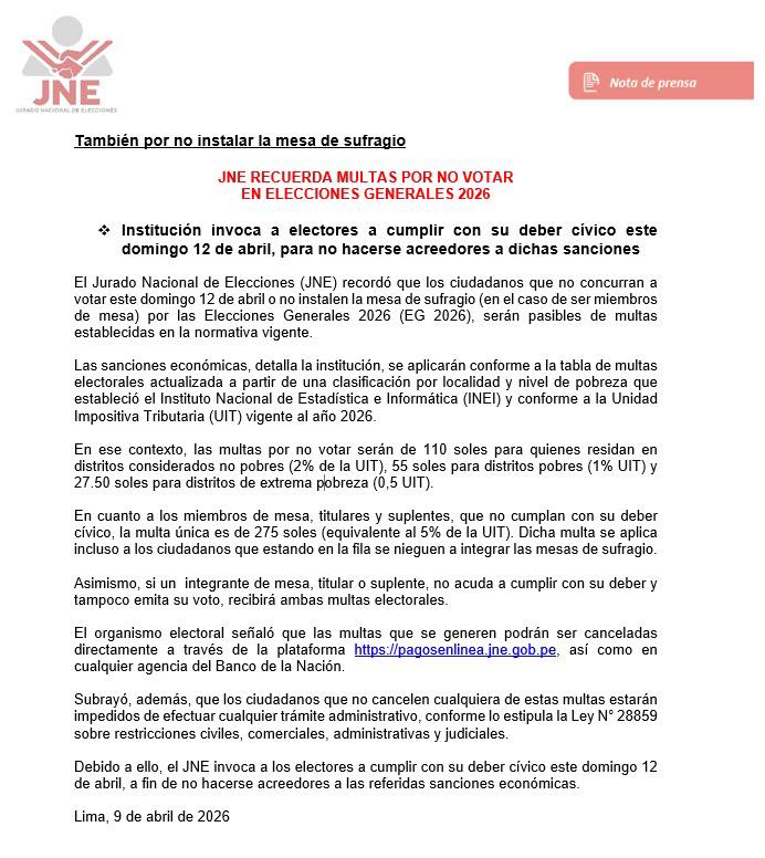 JNE recuerda multas por no votar en Elecciones Generales 2026.