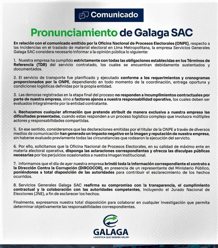 #Atención | Elecciones 2026: Galaga SAC se pronuncia ante demoras en el...