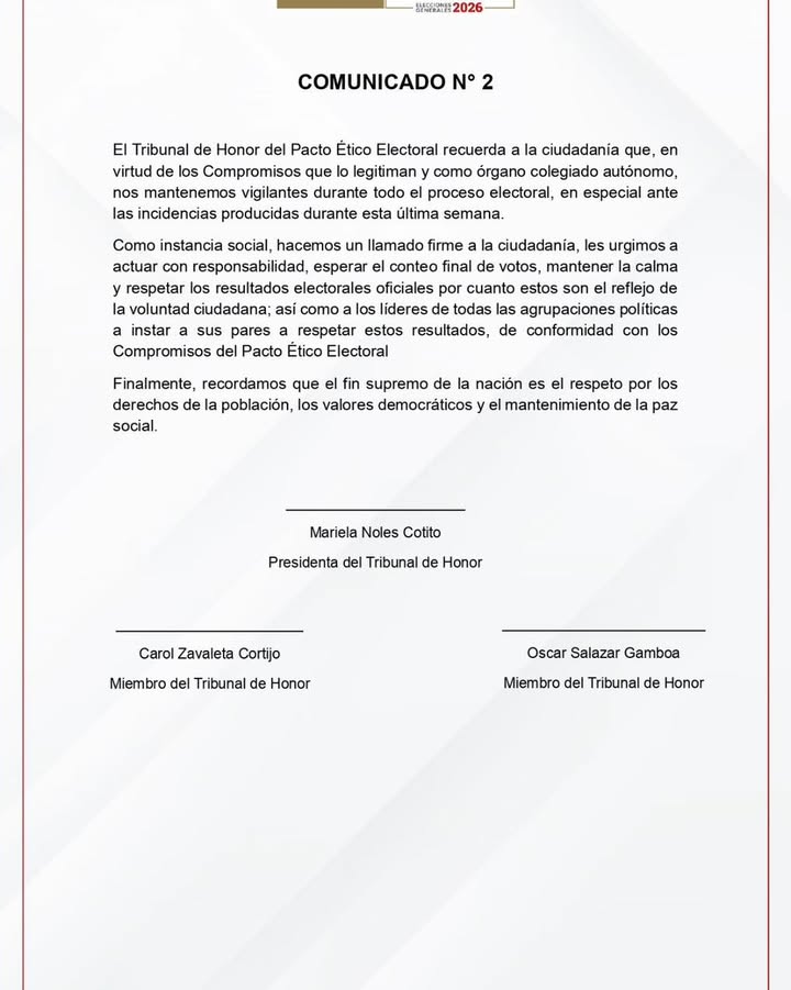 Comunicado N° 2 del Tribunal de Honor