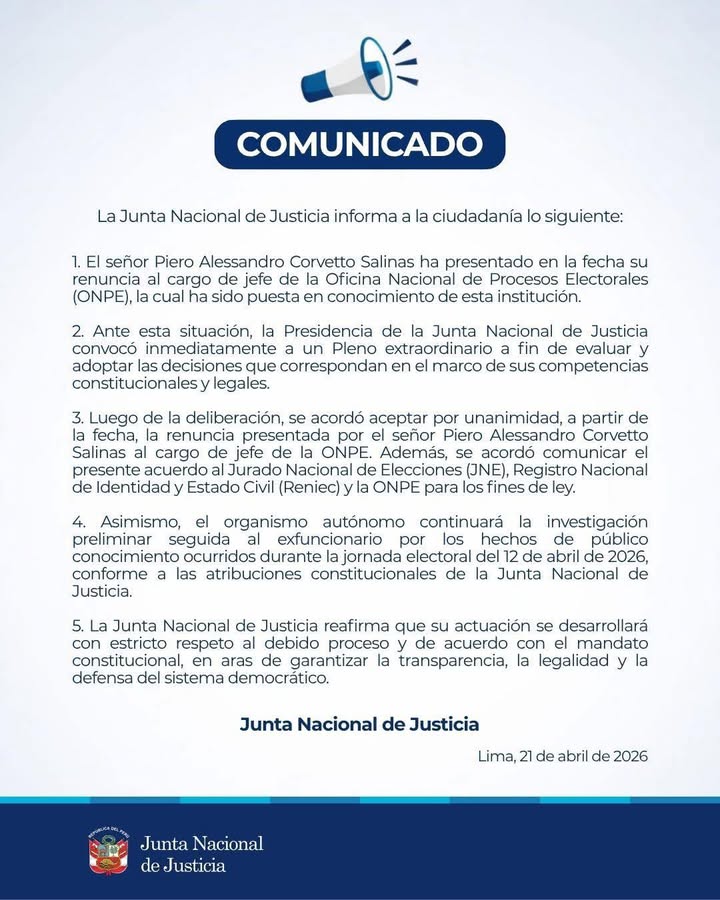 #LoÚltimo | La Junta Nacional de Justicia acepta la renuncia del Jefe...