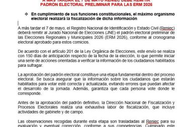 JNE iniciará revisión del padrón electoral para comicios 2026