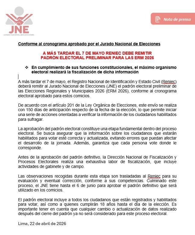 JNE iniciará revisión del padrón electoral para comicios 2026