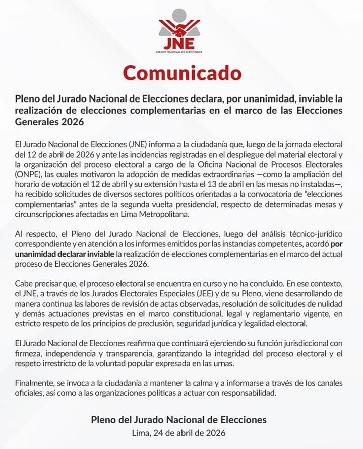 El JNE informó que no se realizarán elecciones complementarias en las Elecciones Generales 2026.