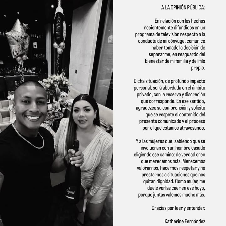 Katherine Fernández anuncia separación de Pedro Aquino mediante comunicado