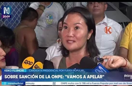 Fuerza Popular cuestiona multa aplicada por organismo electoral