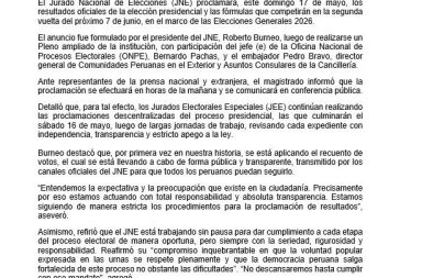 JNE proclamará este domingo 17 los resultados oficiales de la elección presidencial.