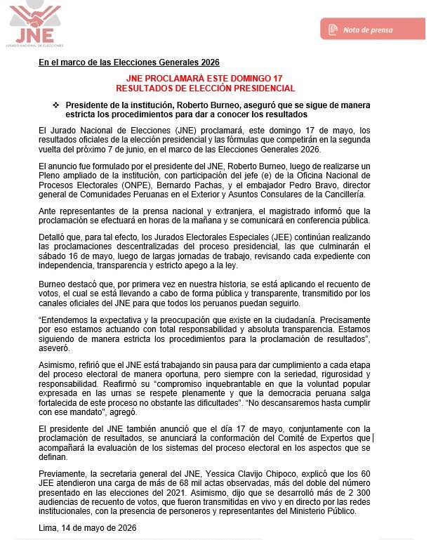 JNE proclamará este domingo 17 los resultados oficiales de la elección presidencial.