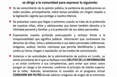 Consejo Regional Loreto del Colegio de Periodistas advierte sobre vulneración de derechos de menores en publicaciones digitales.