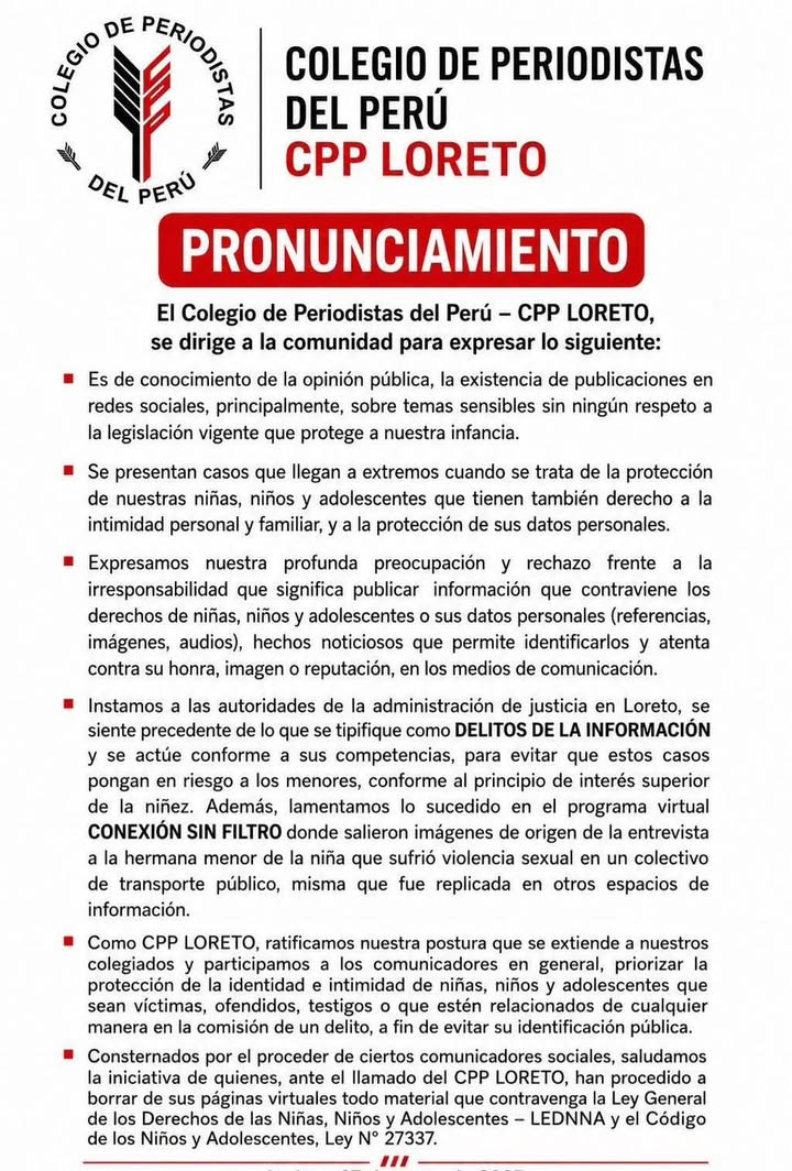 Consejo Regional Loreto del Colegio de Periodistas advierte sobre vulneración de derechos de menores en publicaciones digitales.