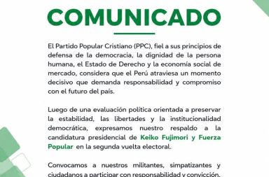Partido Popular Cristiano anuncia apoyo a candidatura de Fuerza Popular