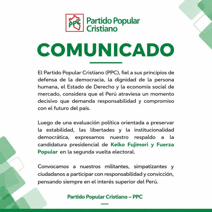 Partido Popular Cristiano anuncia apoyo a candidatura de Fuerza Popular