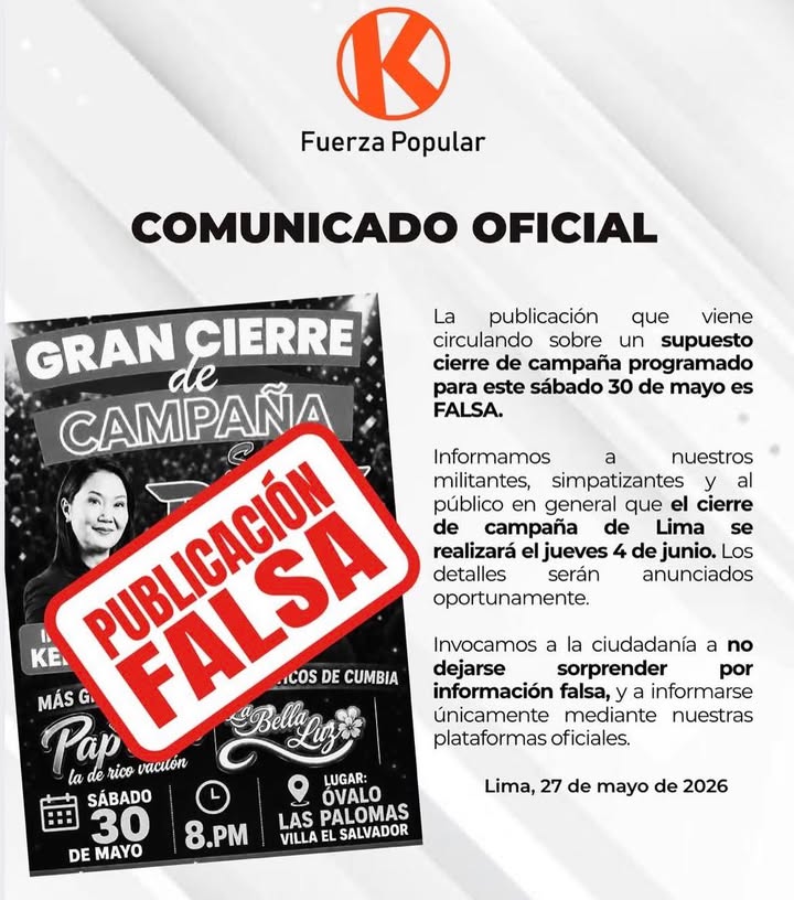 Fuerza Popular aclara fecha oficial de cierre de campaña en Lima