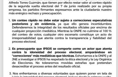 Juntos por el Perú no solo da conferencia de prensa y amenaza con denuncias contra Alfredo Torres de IPSOS , si no que saca este comunicado.