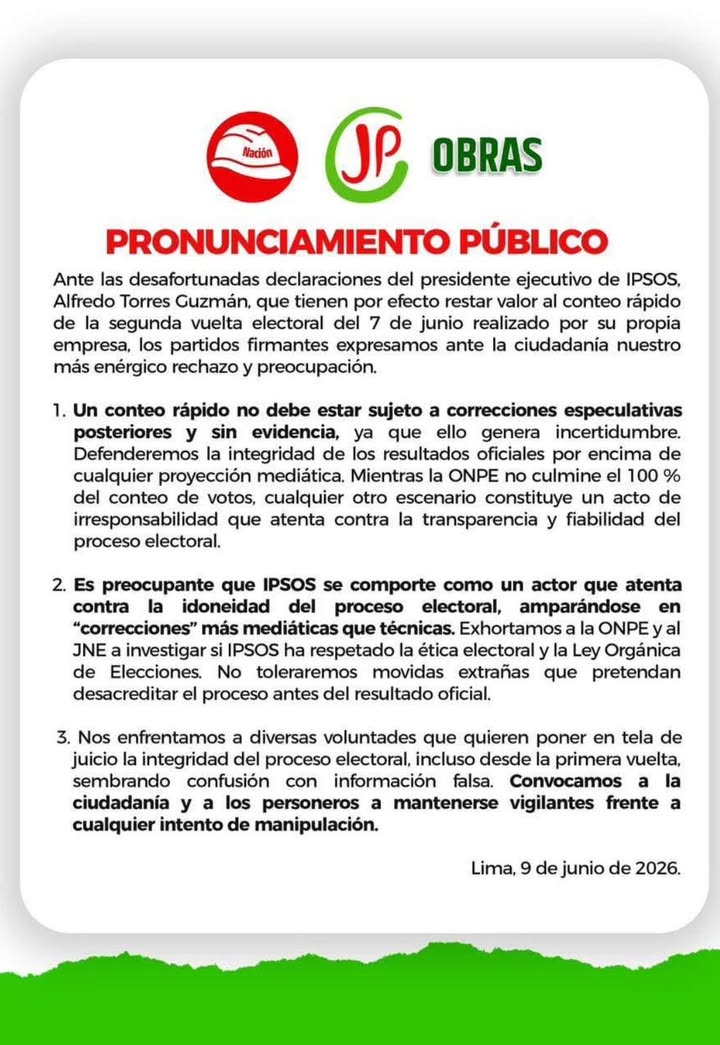 Juntos por el Perú no solo da conferencia de prensa y amenaza con denuncias contra Alfredo Torres de IPSOS , si no que saca este comunicado.