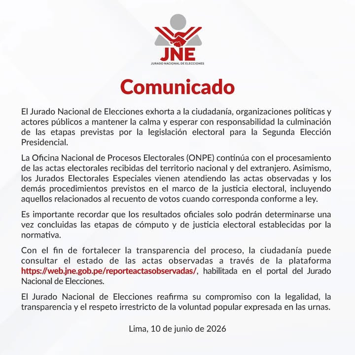 Jurado Nacional de Elecciones pide esperar resultados oficiales