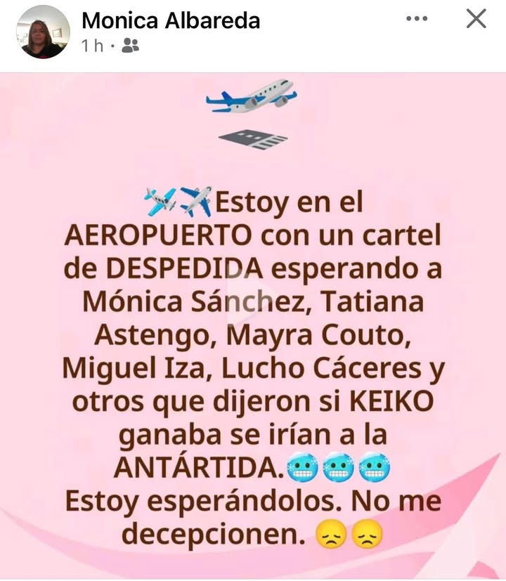 Del FB de Mónica Albareda, una ciudadana que espera el cumplimiento de la palabra empeñada por “conocidos” rostros que juraron que se iban a a ir del país si ganaba Keiko Fujimori.
