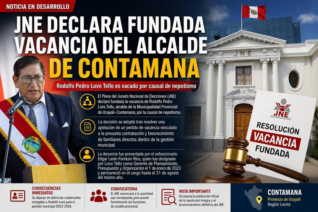 Jurado Nacional de Elecciones dispone vacancia del alcalde provincial de Contamana.