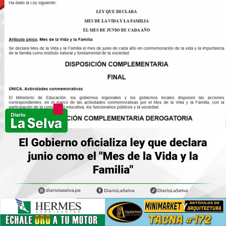 Normativa oficial: se promulga la Ley N° 32671 para conmemorar la vida y la familia cada mes de junio
