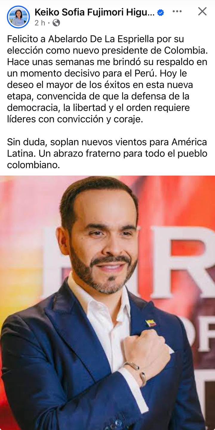 Presidenta electa Keiko Fujimori, saluda a Presidente electo de Colombia .