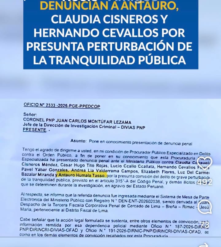 ULTIMO MINUTO ANTAURO HUMALA, CLAUDIA CISNEROS Y HERNANDO CEVALLOS DENUNCIADOS POR INSTIGA A LA ALTERACIÓN DEL ORDEN PÚBLICO