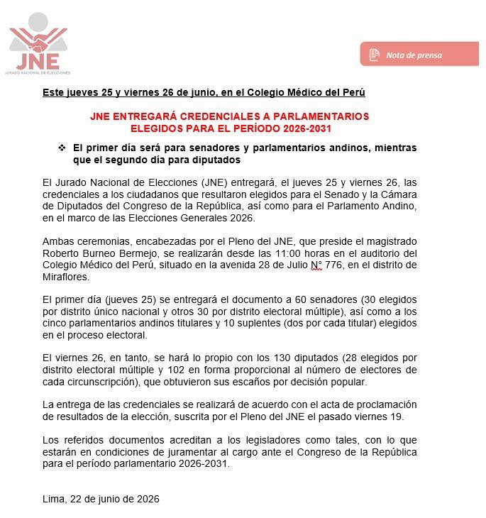 Acto oficial: el JNE otorgará credenciales a senadores, diputados y parlamentarios andinos electos